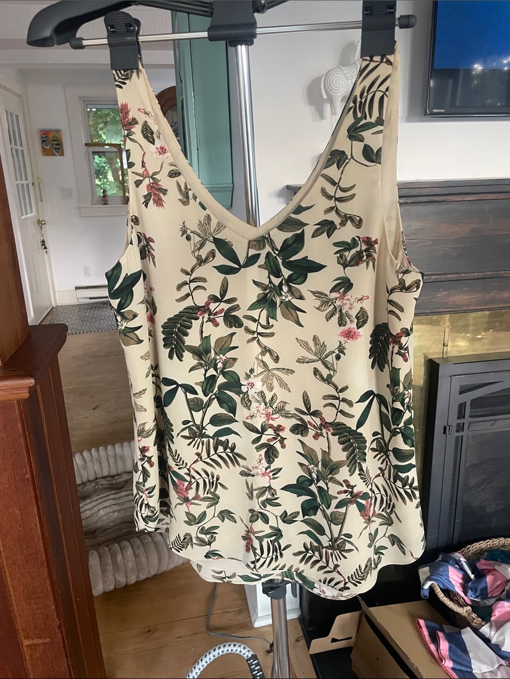 RW&CO. Cream Floral V-Neck Camisole with Green Leaf and Pink Blossom Print